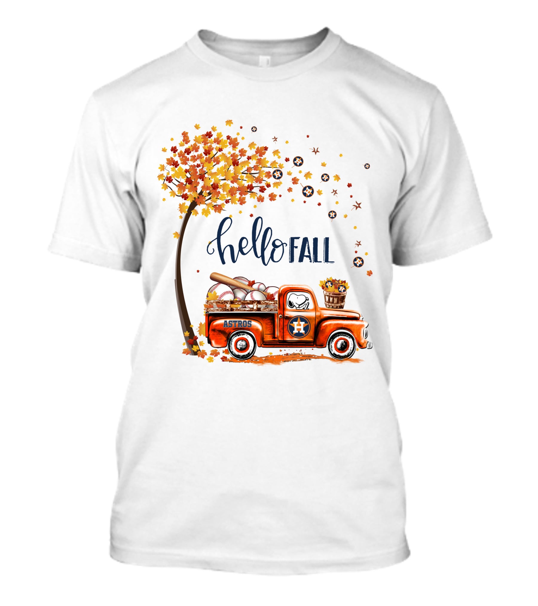 Hello Fall Astros Truck With Baseballs And Autumn Leaves T-Shirt