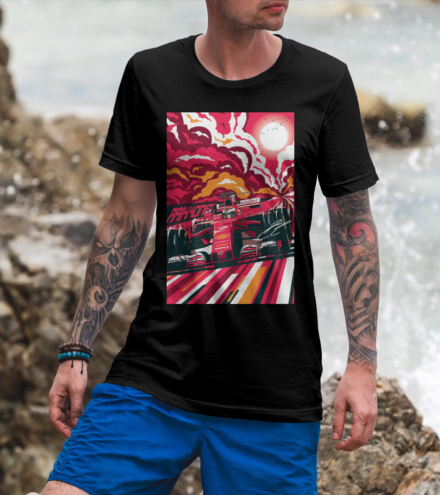 Raikkonen Formula 1 Racing Ferrari F1 Car Sunset Scene T-Shirt