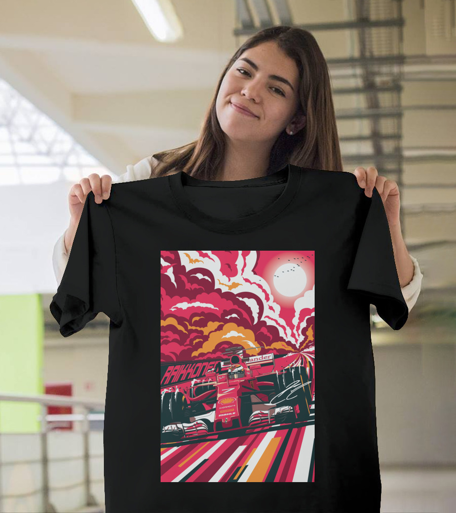 Raikkonen Formula 1 Racing Ferrari F1 Car Sunset Scene T-Shirt