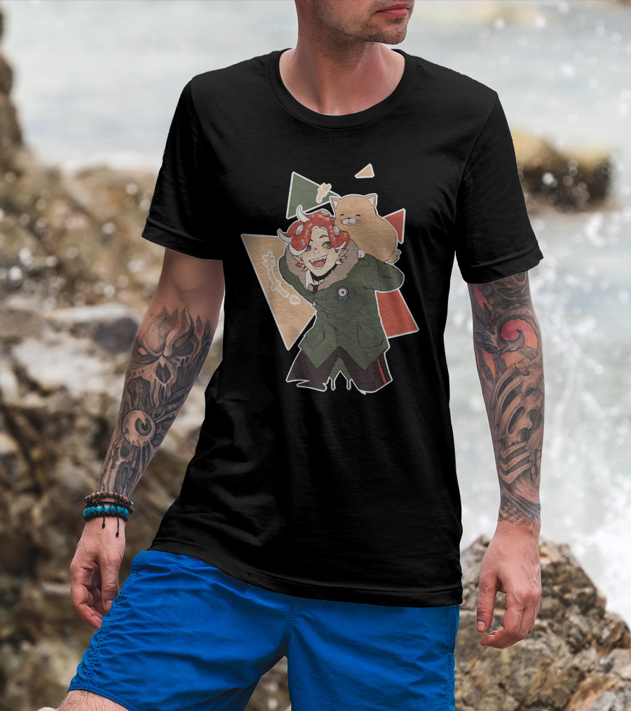 Piggyback Cute Demon With Cat Companion And Colorful Shapes T-Shirt