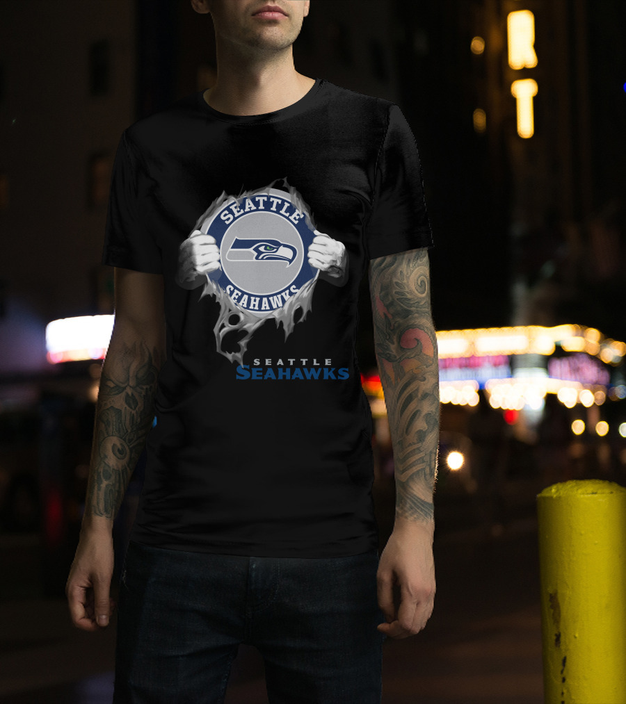 Seattle Seahawks Hands Ripping Through T-Shirt