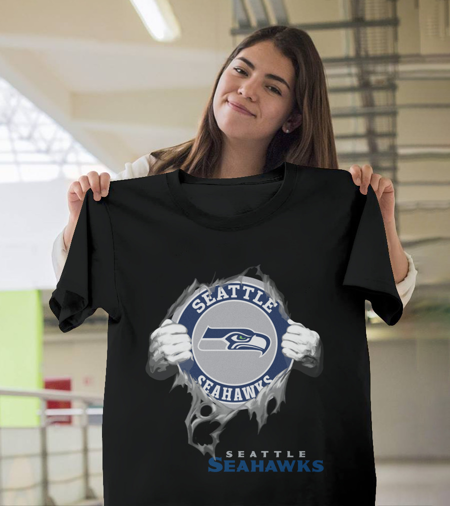 Seattle Seahawks Hands Ripping Through T-Shirt