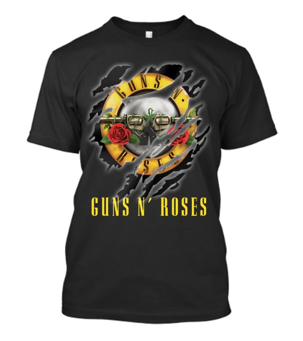 Guns N' Roses Logo With Pistols And Red Roses On Black T-Shirt