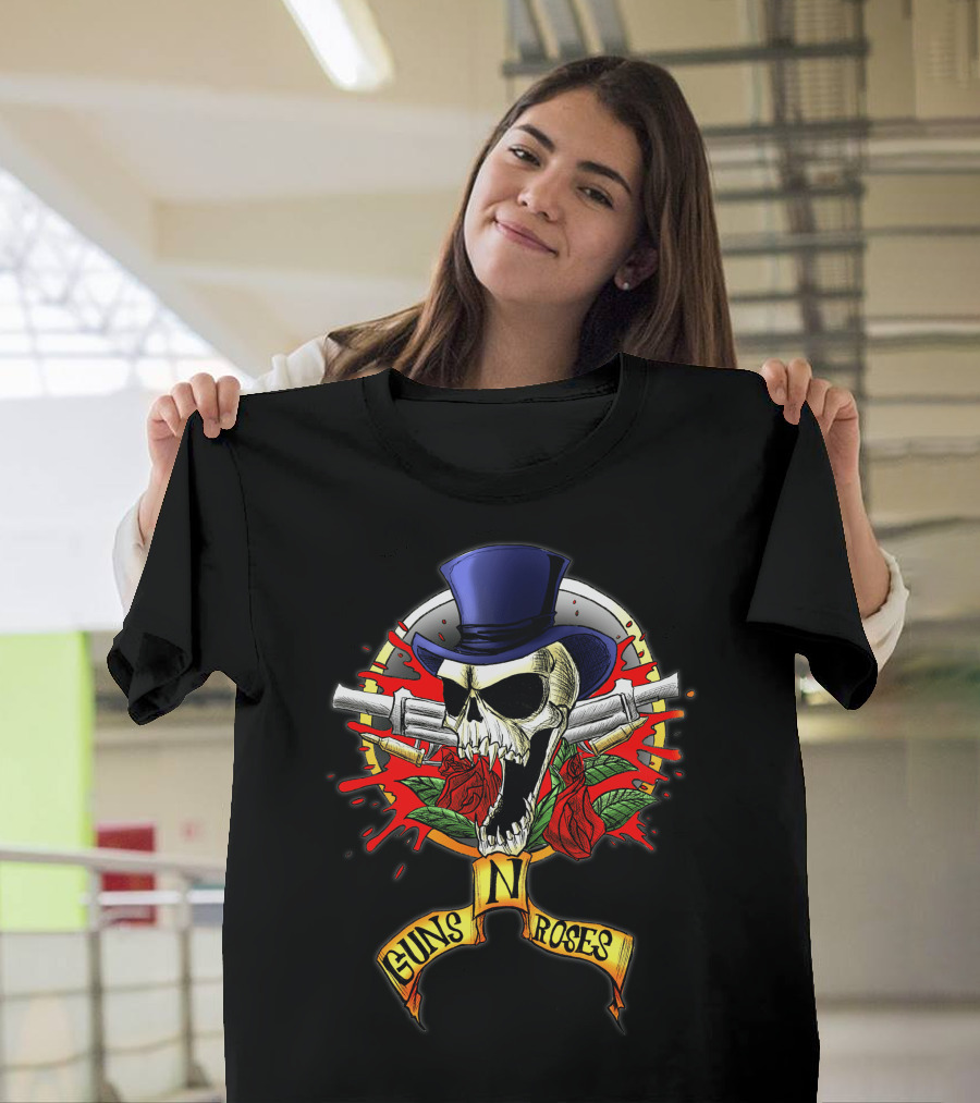 Guns N' Roses Skull With Top Hat Crossed Pistols And Red Roses T-Shirt