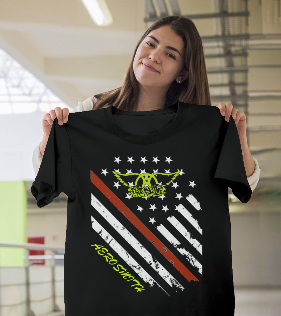 Aerosmith Logo With American Flag And Guitar Stripe T-Shirt