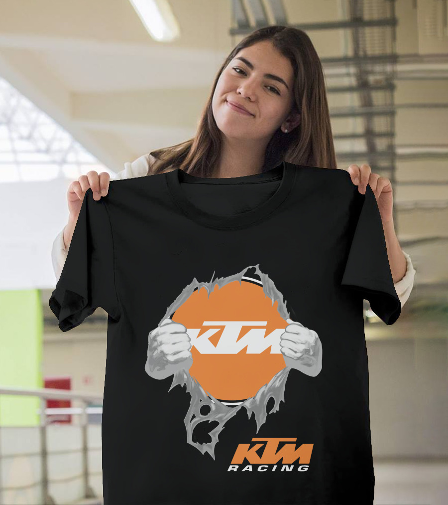 Ktm Racing Logo With Hands Ripping Through Orange T-Shirt