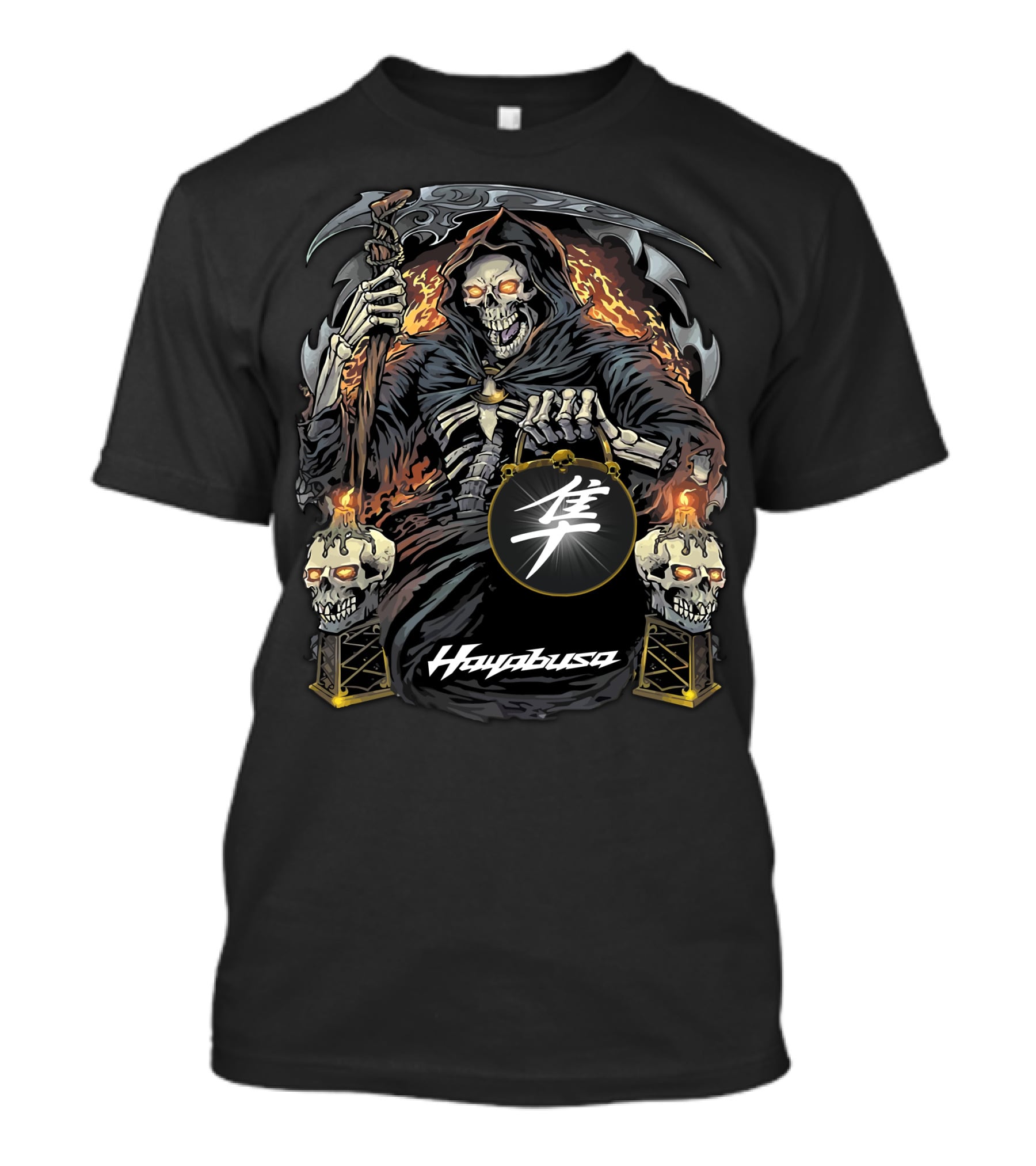 Hayabusa Grim Reaper With Fiery Skulls And Kanji Symbol T-Shirt