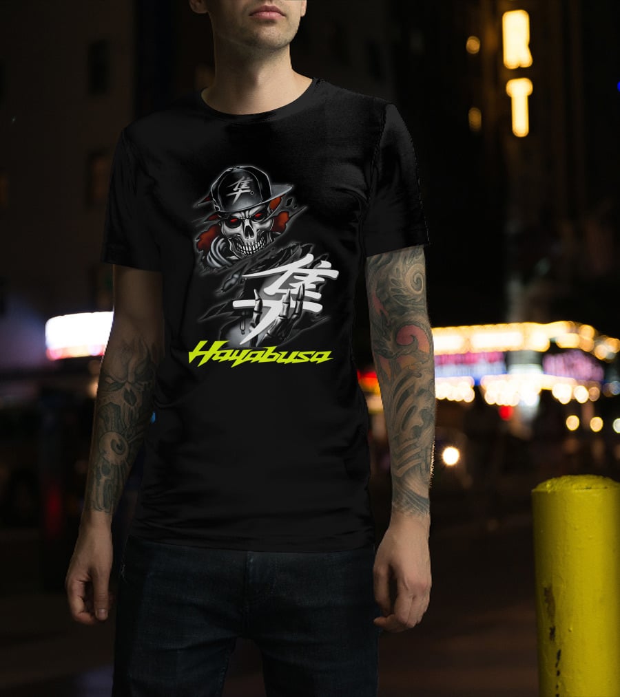Hayabusa Skeleton In Cap With Kanji Symbol And Claws T-Shirt