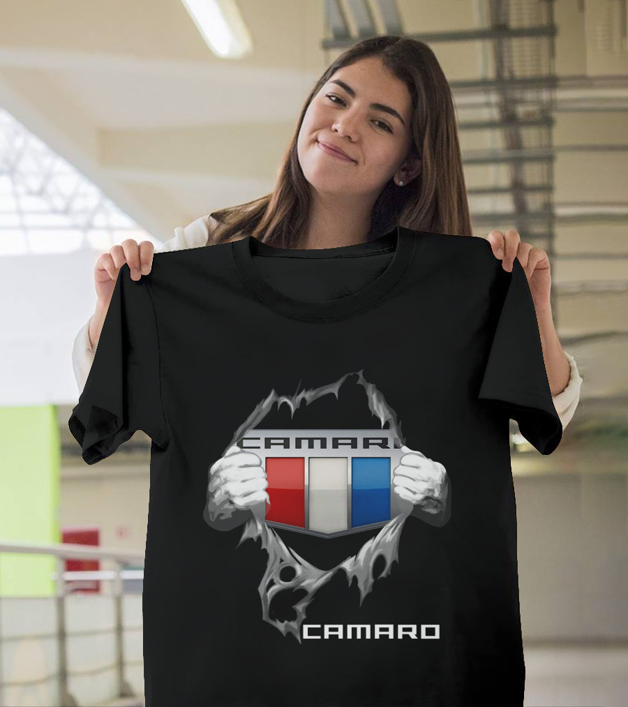 Camaro Emblem With Red White Blue Stripes And Ripped Skin Effect T-Shirt