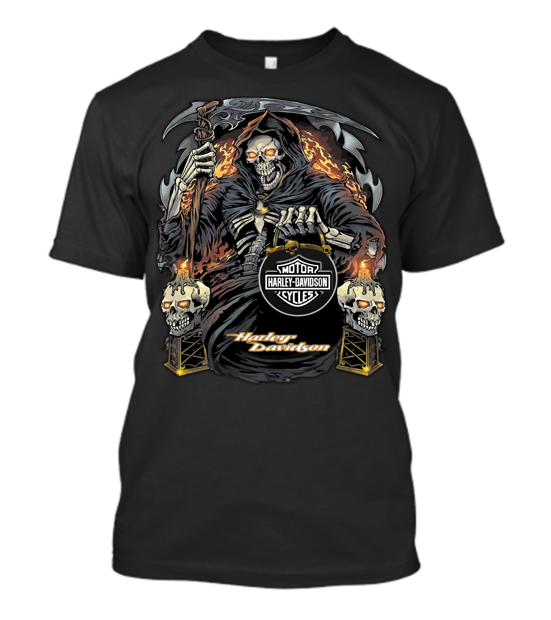 Harley Davidson Grim Reaper With Flaming Skull Torches T-Shirt