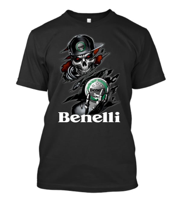 Benelli Skull Holding Logo Emblem With Stars And Badge In Dark Theme T-Shirt