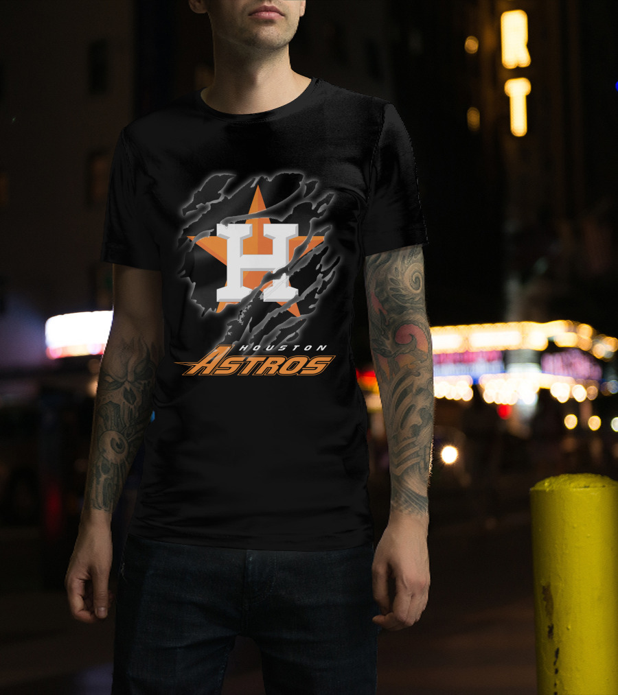 Houston Astros Logo With Orange Star And Dynamic Ripped Effect T-Shirt