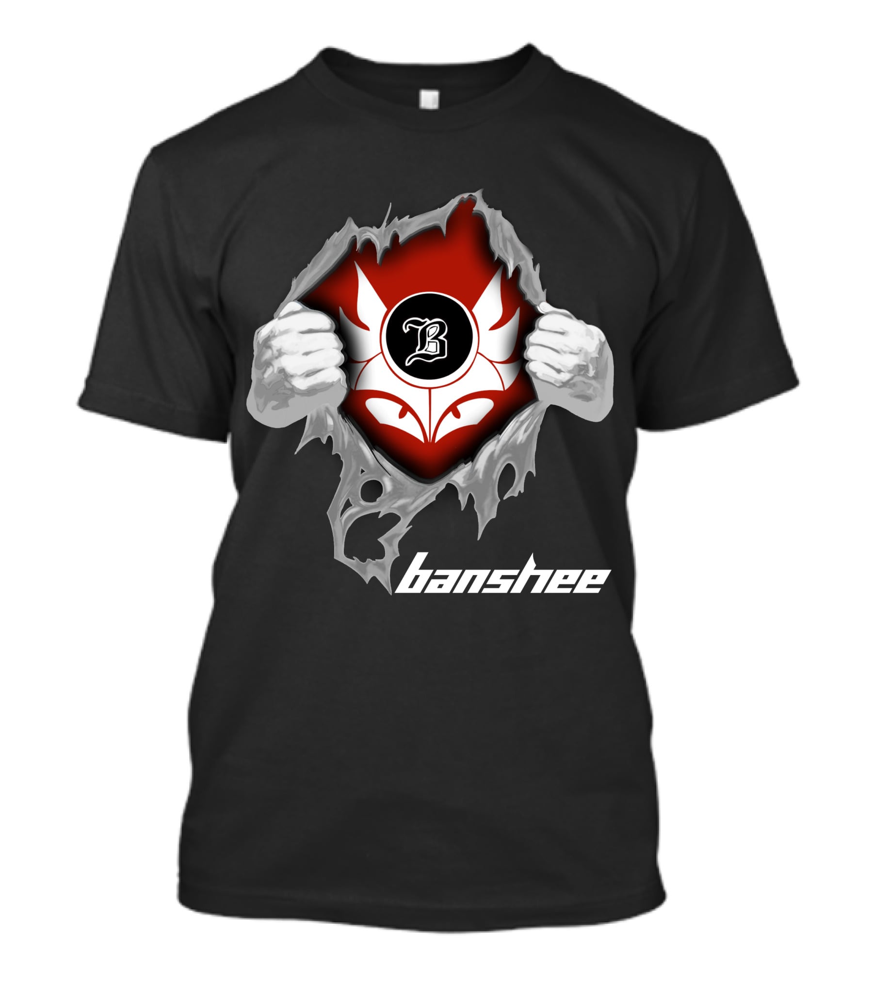 Banshee Ripped Logo With Winged Emblem And Bold Letter B On Dark T-Shirt