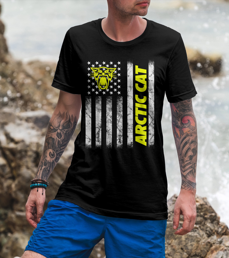 Arctic Cat Yellow Logo With American Flag Stripes And Stars T-Shirt