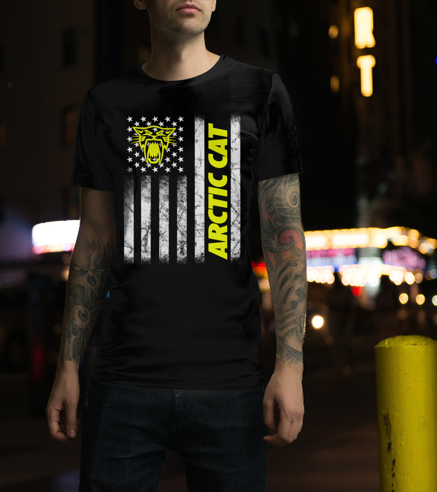 Arctic Cat Yellow Logo With American Flag Stripes And Stars T-Shirt