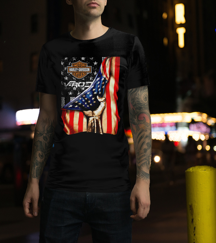 Harley Davidson Motor Cycles Vrod 12 American Flag Fist T-Shirt
