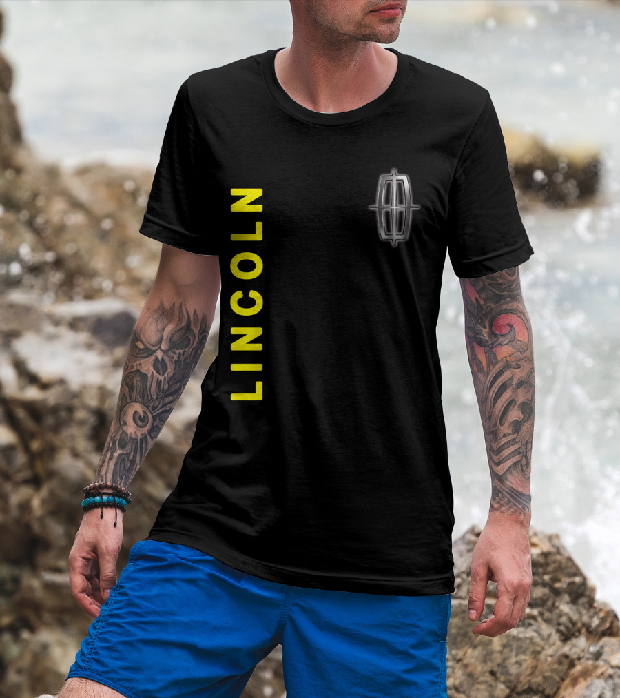 Lincoln Logo Vertical Yellow Text Black T-Shirt