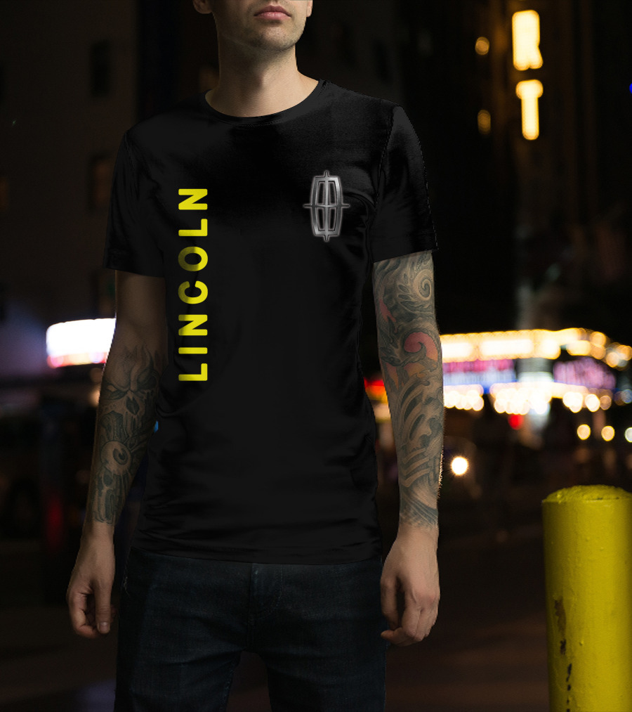 Lincoln Logo Vertical Yellow Text Black T-Shirt