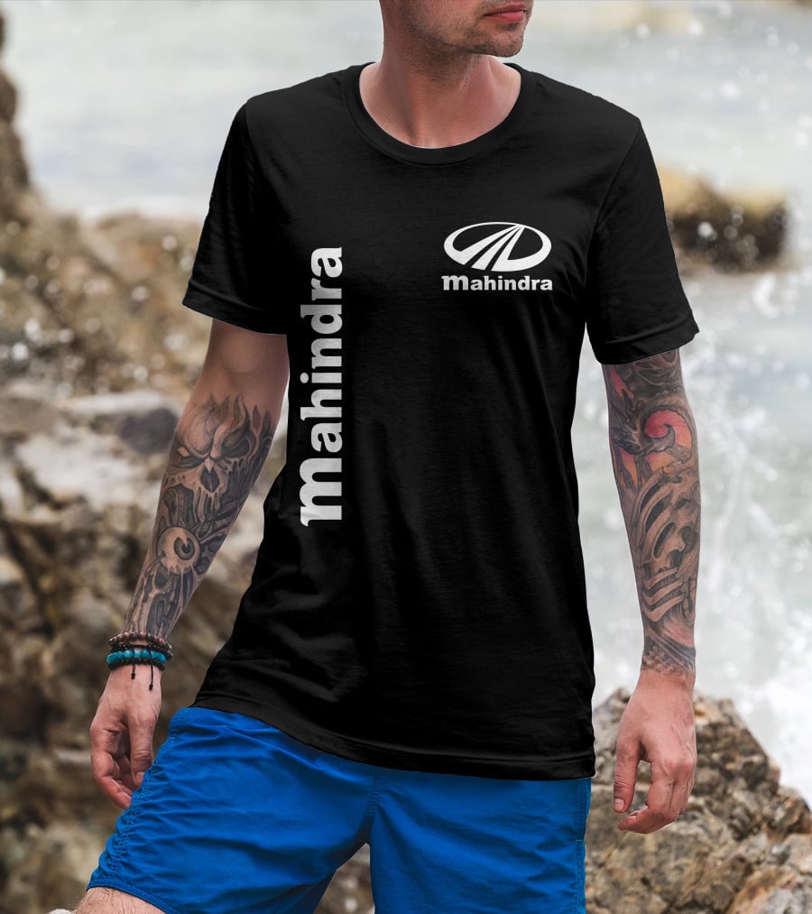 Mahindra Vertical Text With Iconic Logo Bold T-Shirt