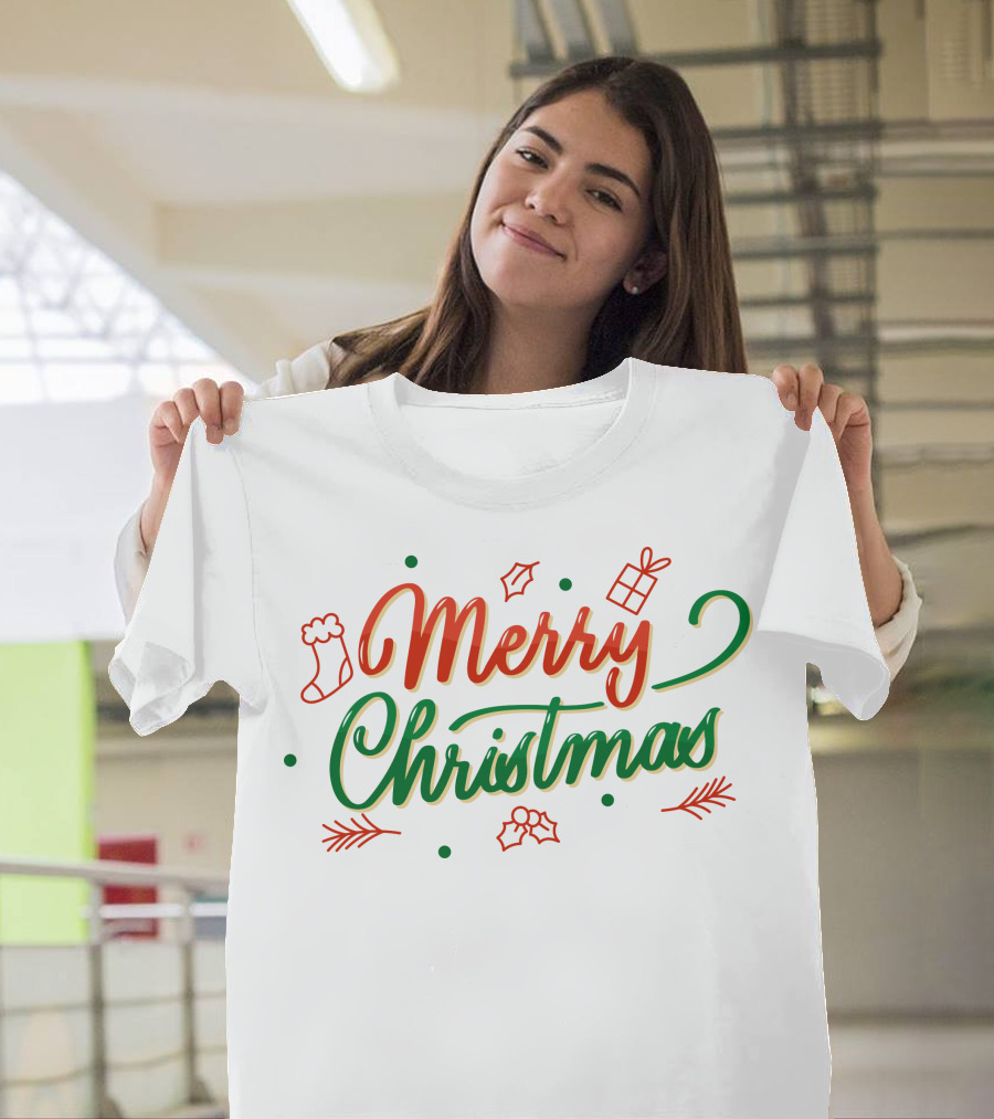 Merry Christmas Stocking Holly Leaves And Gift Icons T-Shirt