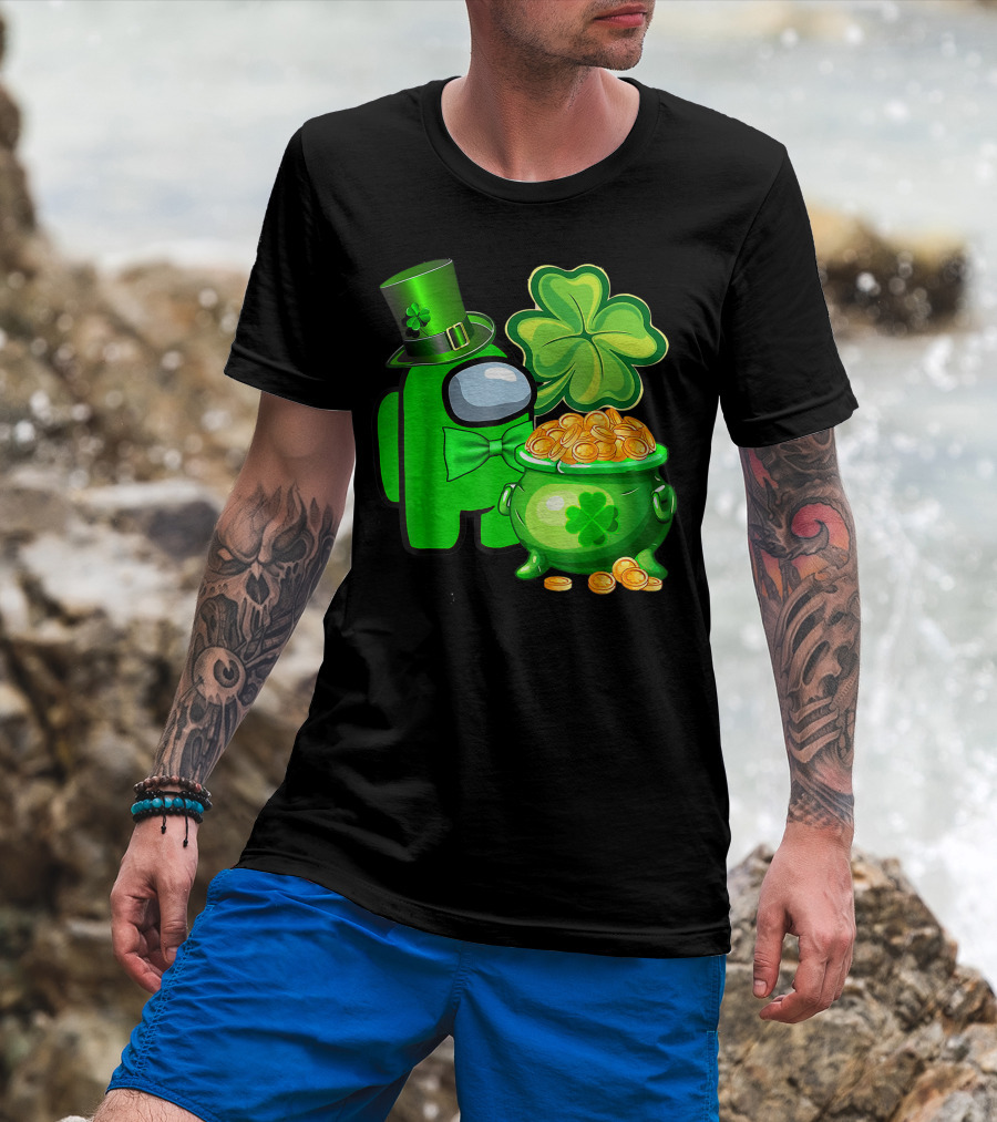 Among Us Green Character With Shamrock Hat And Pot Of Gold St Patrick's Day T-Shirt