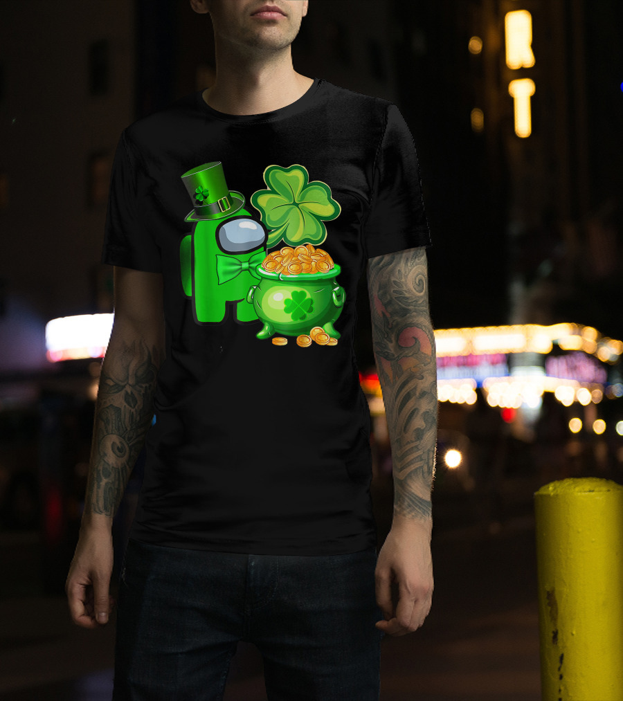 Among Us Green Character With Shamrock Hat And Pot Of Gold St Patrick's Day T-Shirt