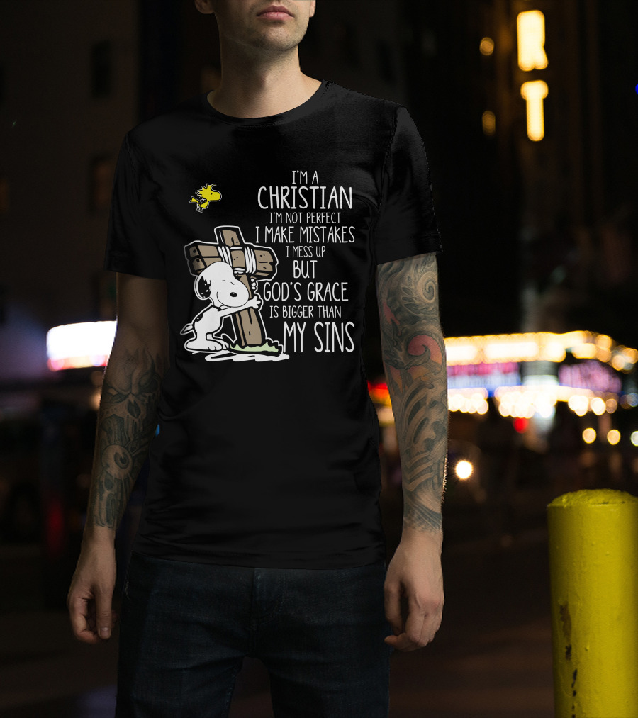 I'm A Christian God's Grace Bigger Than My Sins Snoopy Hugging Cross T-Shirt