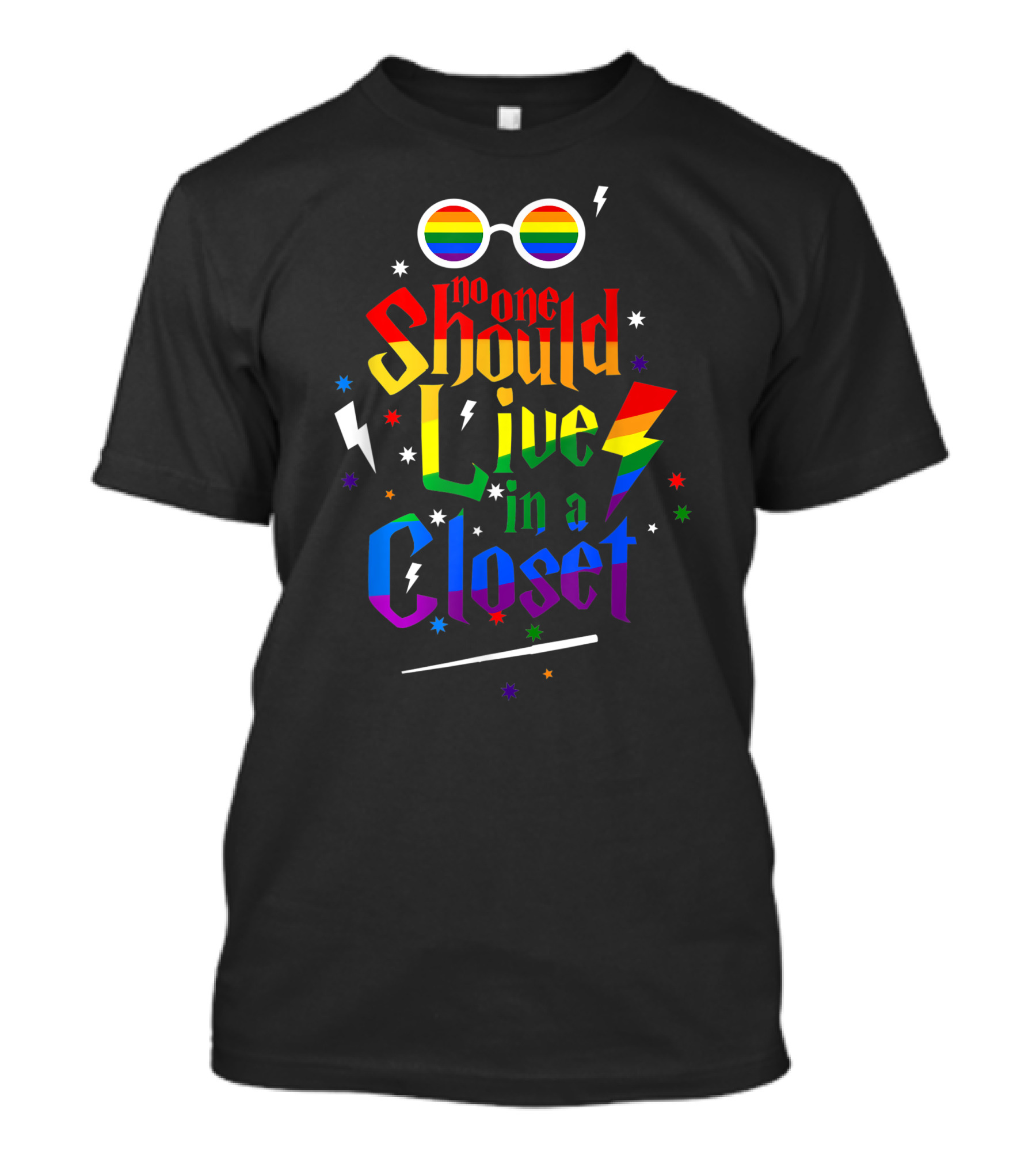 Pride Rainbow Glasses Lightning Quote No One Should Live In A Closet T-Shirt