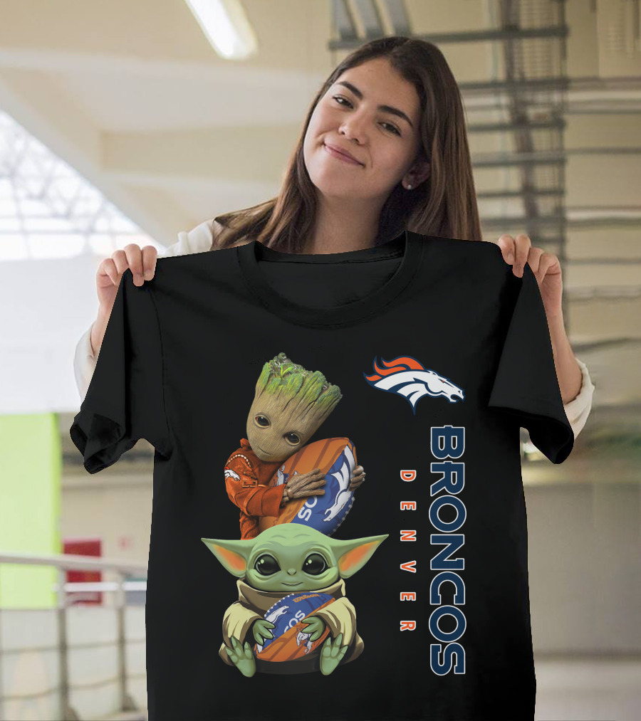 Only Today Groot And Baby Yoda Holding Broncos Football Denver Broncos T-Shirt