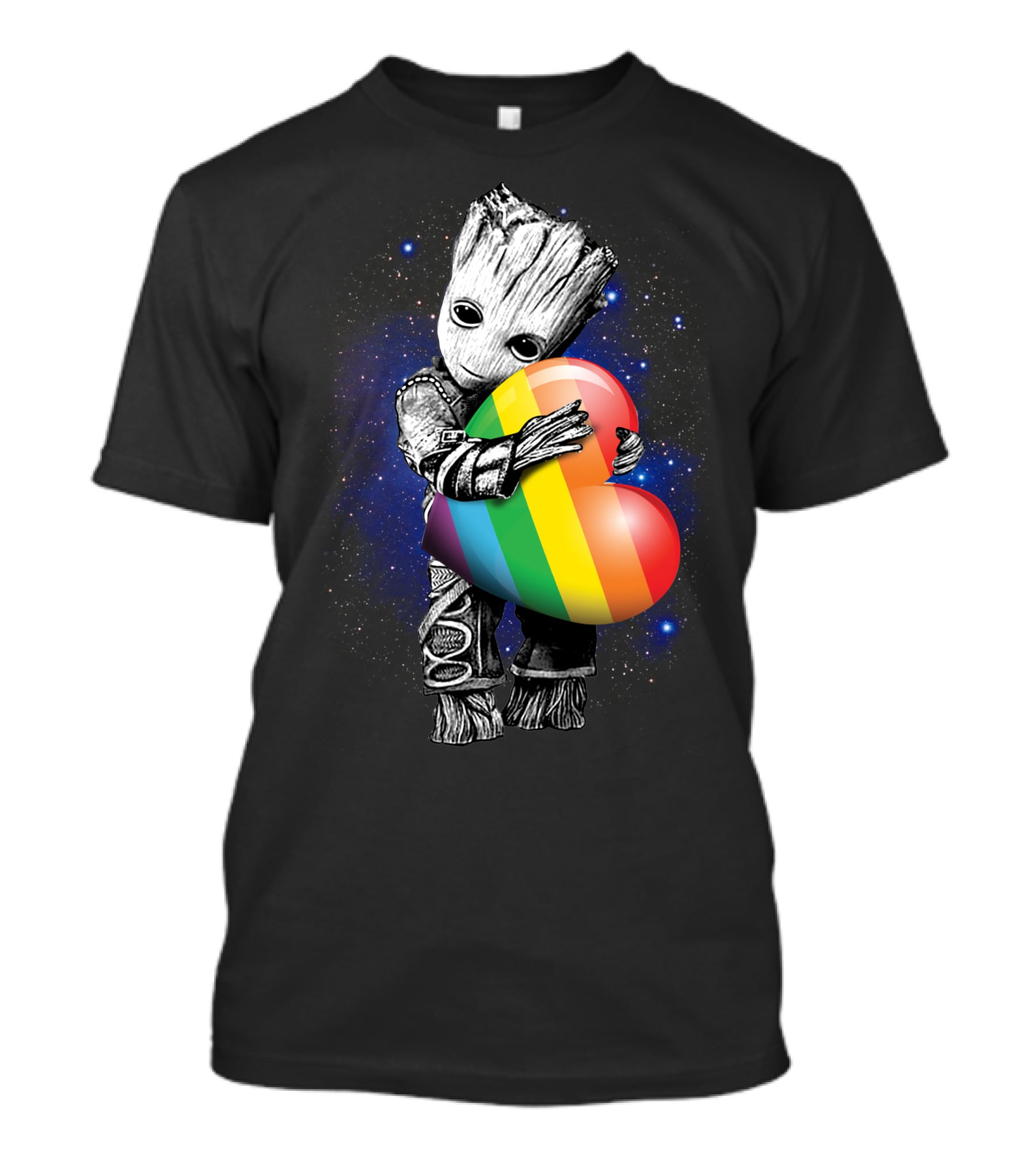 Only Today Groot Hugging Rainbow Heart In Galactic Space Theme T-Shirt