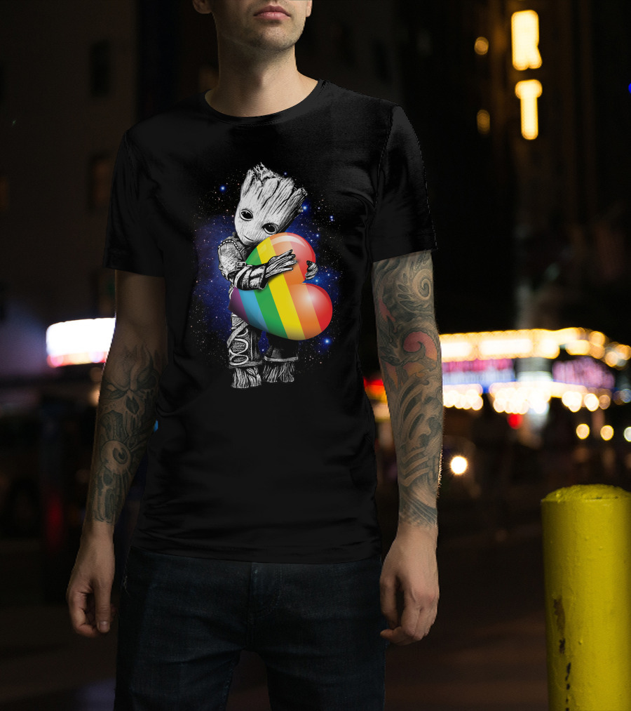 Only Today Groot Hugging Rainbow Heart In Galactic Space Theme T-Shirt