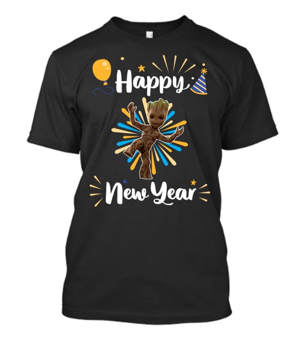 Happy New Year Groot Celebration With Party Hat And Balloon T-Shirt