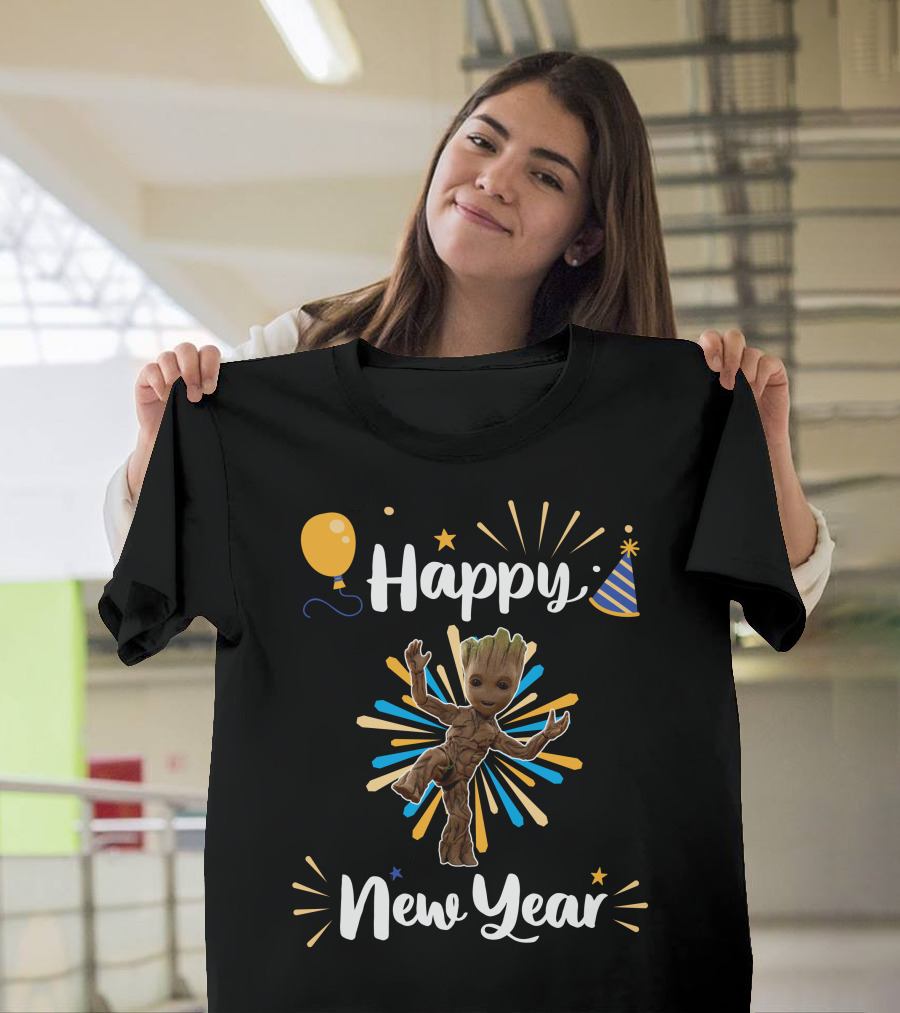 Happy New Year Groot Celebration With Party Hat And Balloon T-Shirt