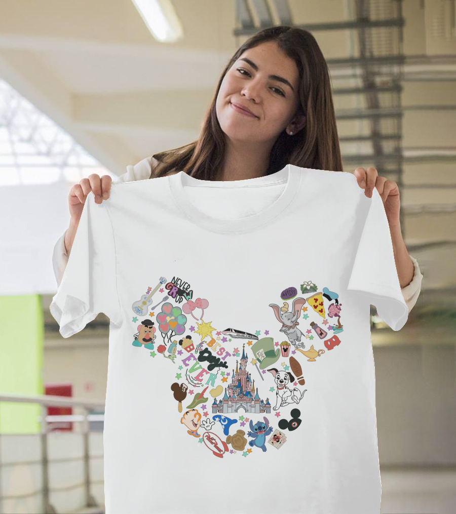Only Today Never Grow Up Dumbo Disney Castle Stitch Mickey Mouse Ears T-Shirt