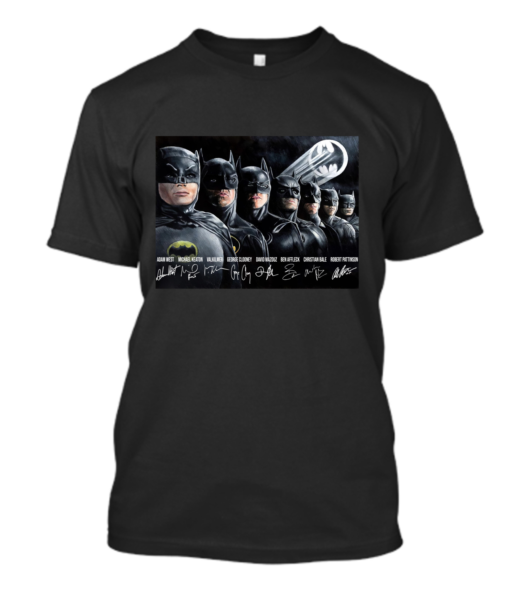 Adam West Michael Keaton Val Kilmer George Clooney David Mazouz Ben Affleck Christian Bale Robert Pattinson Batman Bat-Signal T-Shirt