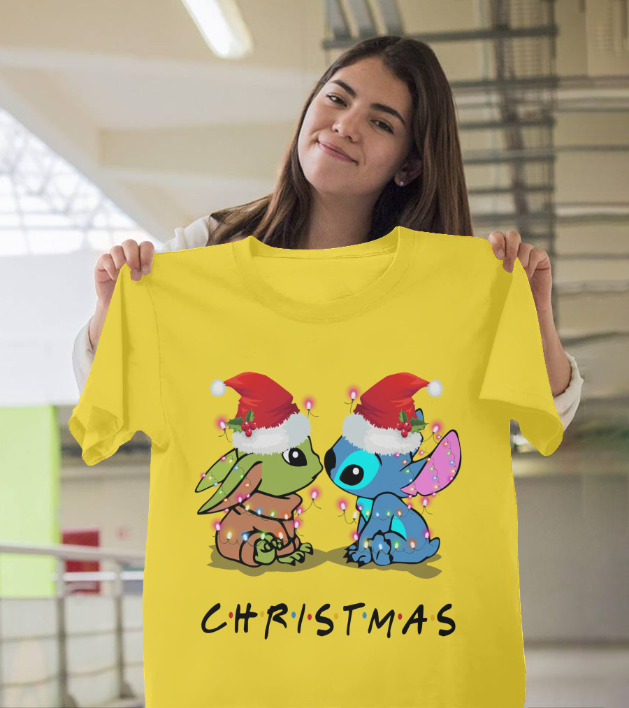 Christmas Yoda And Stitch Santa Hats T-Shirt