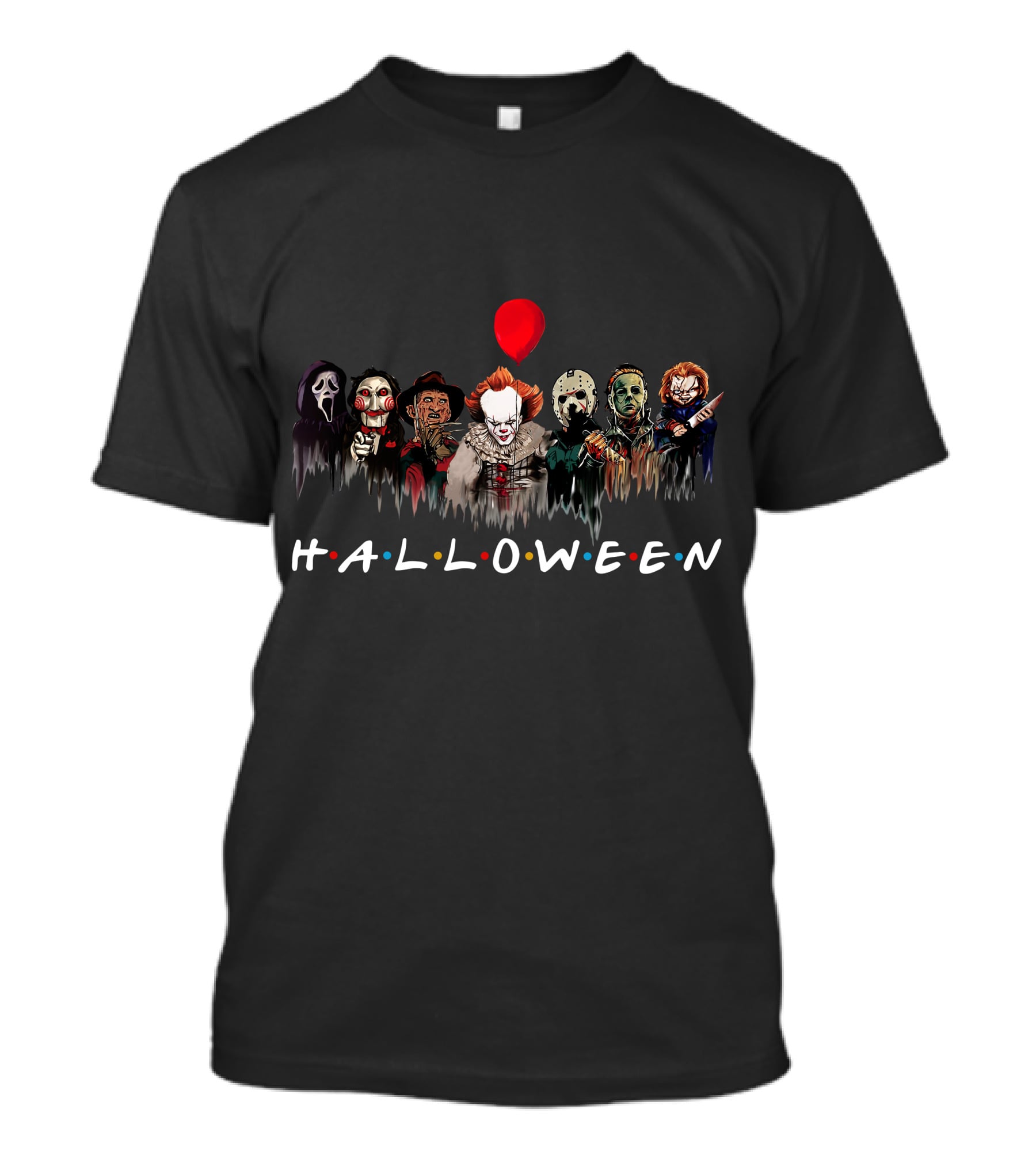 HALLOWEEN ZN699 Horror Movie Villains Group Red Balloon T-Shirt