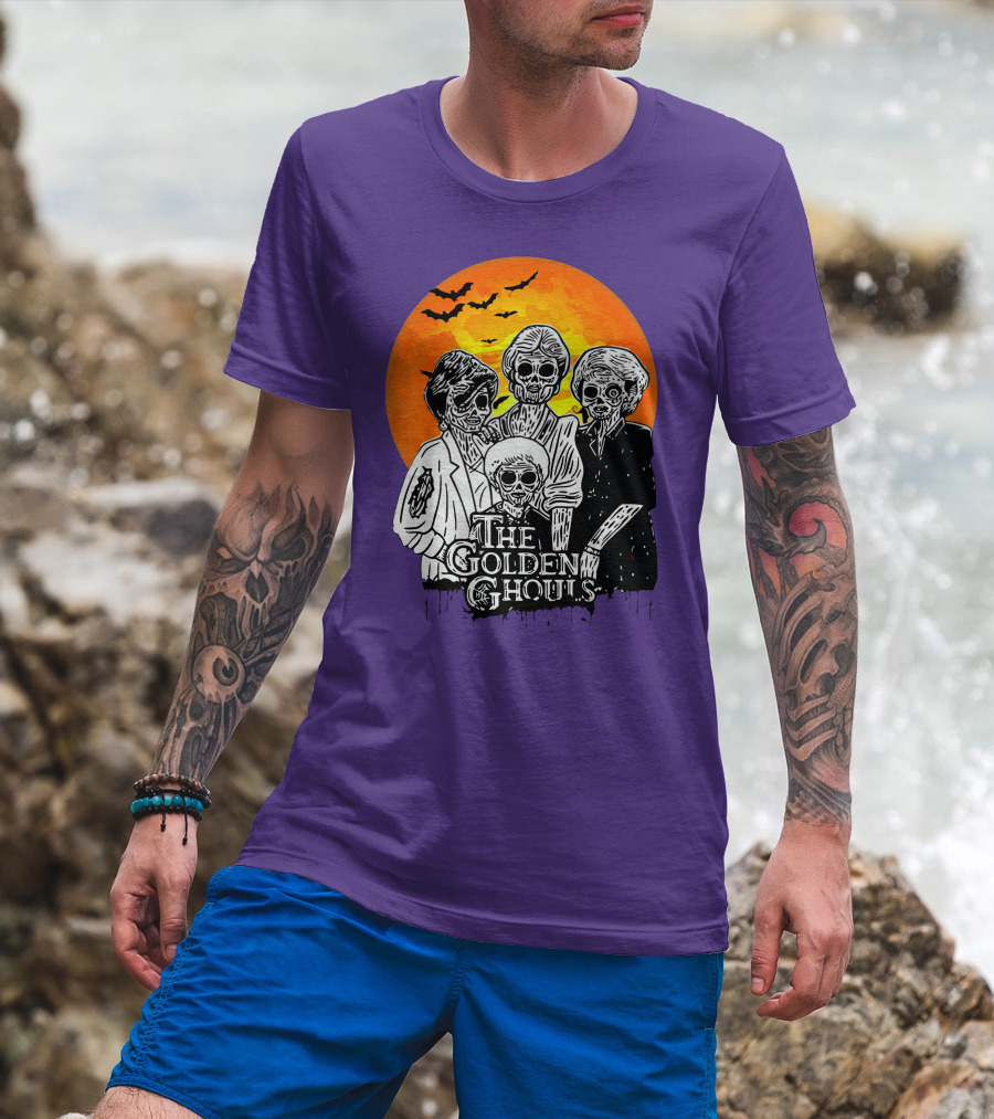 The Golden Ghouls Zombie Skeletons With Bats And Full Moon ZN385 T-Shirt