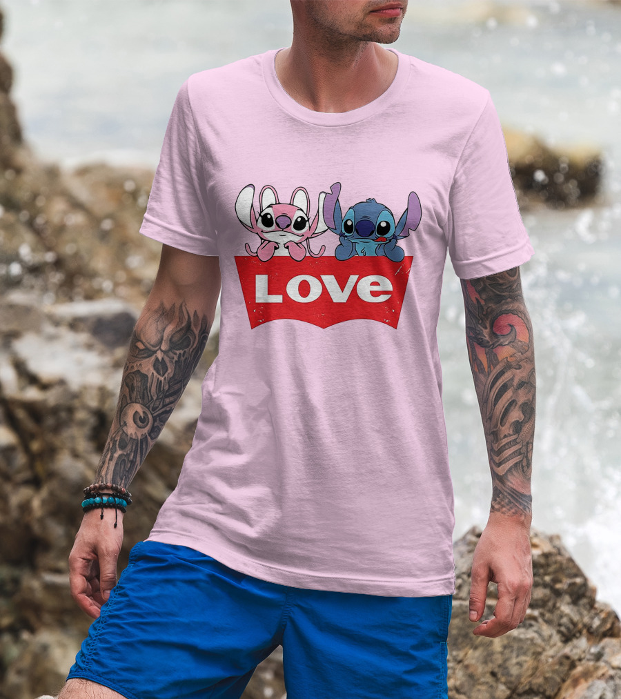 Stitch Love Pink And Blue Character Red Love Block T-Shirt