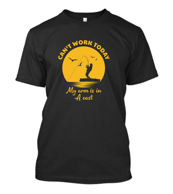 Can't Work Today My Arm Is In A Cast Fishing Silhouette With Birds And Sun T-Shirt
