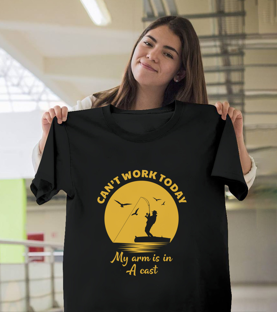Can't Work Today My Arm is in a Cast Fishing Silhouette with Birds and Sun T-Shirt
