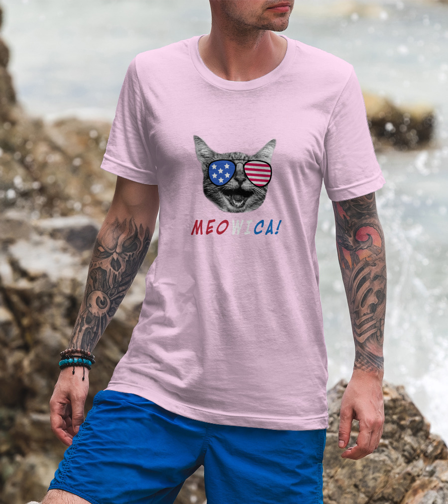 Meowica Cat Wearing American Flag Sunglasses T-Shirt
