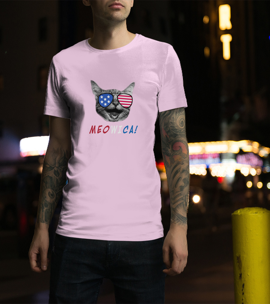 Meowica Cat Wearing American Flag Sunglasses T-Shirt