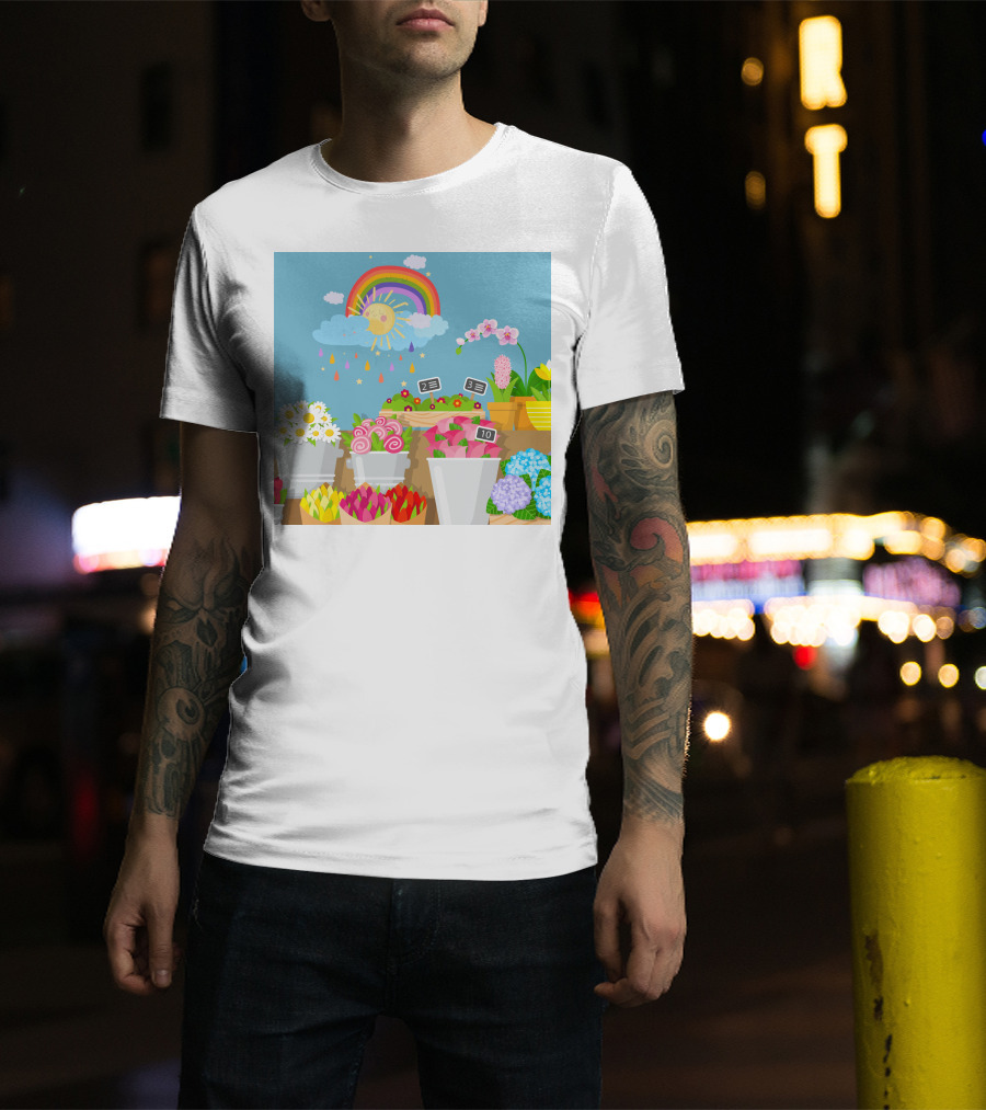 April Showers Brings May Flowers Rainbow And Colorful Blooms Scene T-Shirt