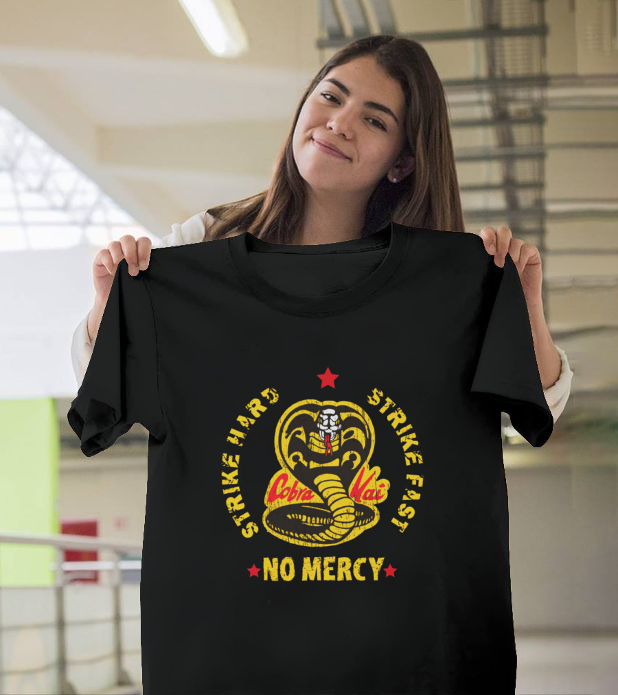Cobra Kai Strike Hard Strike Fast No Mercy Logo With Red Star And Coiled Cobra T-Shirt