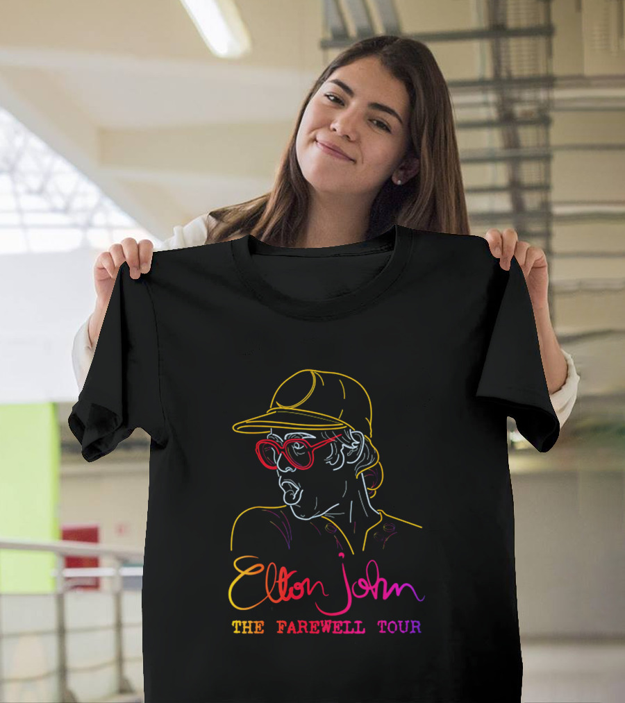 Elton John The Farewell Tour Neon Art With Glasses And Hat T-Shirt
