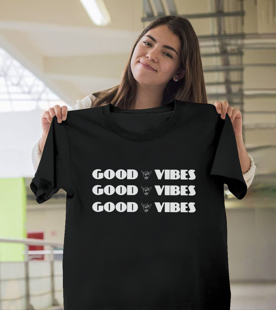 GOOD VIBES Hand Sign Repeated Text T-Shirt
