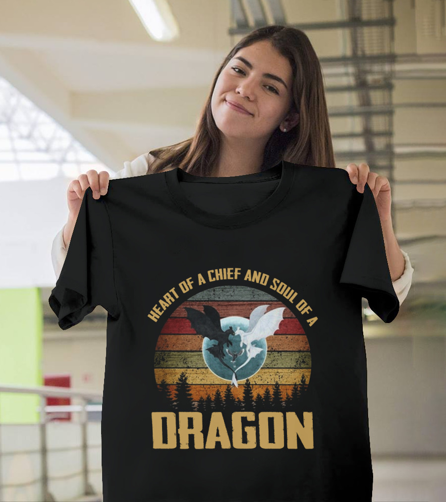 Heart of a Chief and Soul of a Dragon with Silhouette of Two Dragons on Retro Stripes T-Shirt
