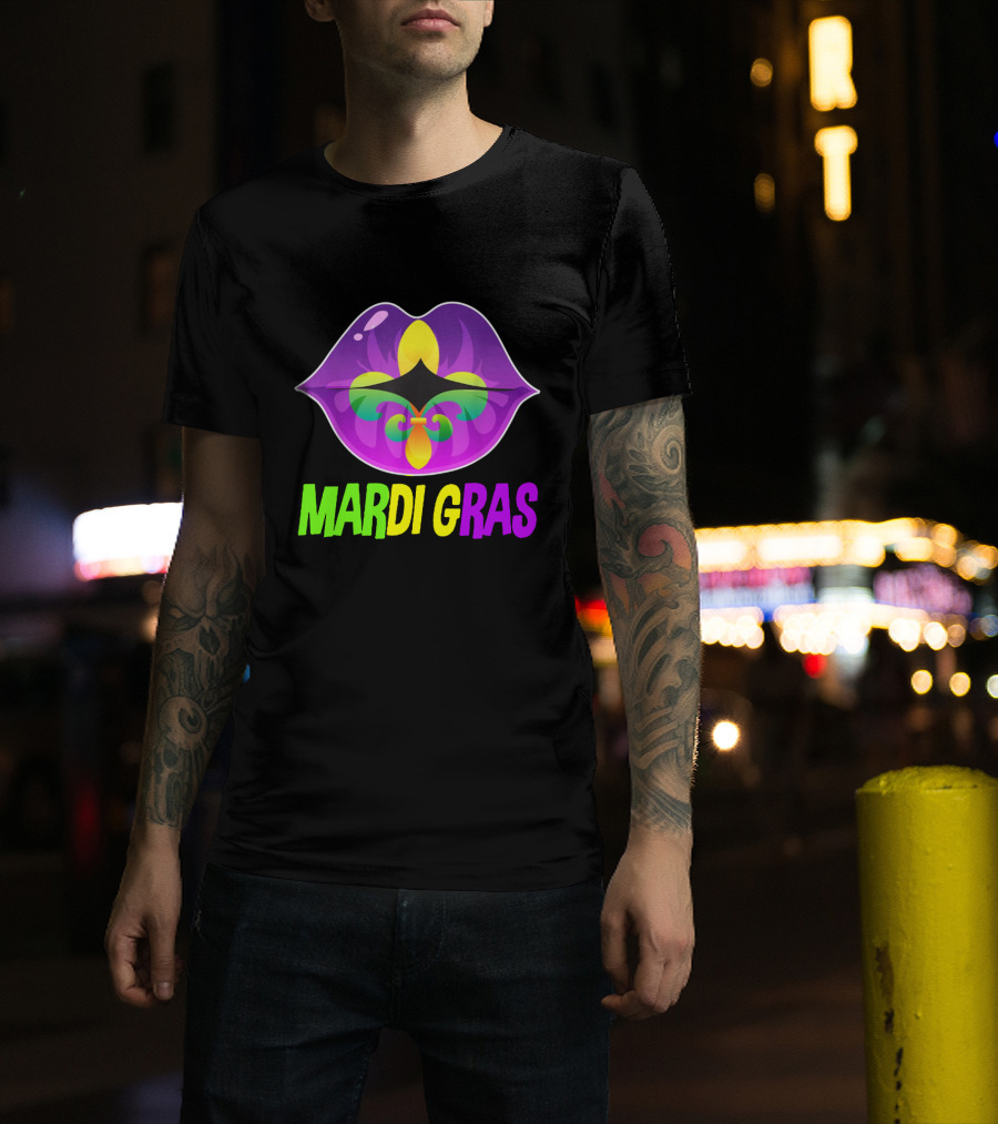 Mardi Gras Lip Fleur De Lis Purple Green Yellow T-Shirt