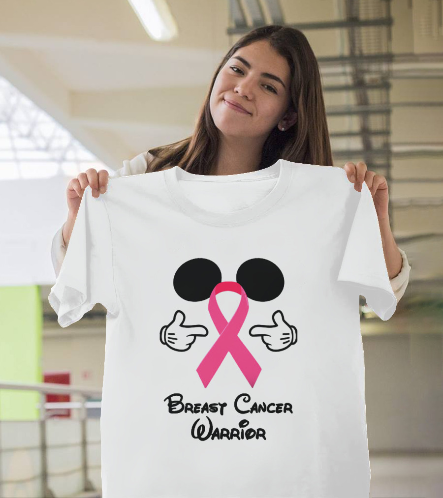 Breast Cancer Warrior With Mickey Ears And Pink Ribbon Illustrative T-Shirt